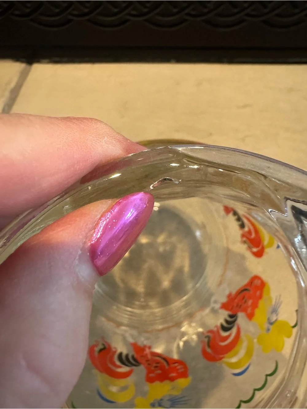 Vintage Clear Glass Pitcher with Bright Roosters - Great Design !